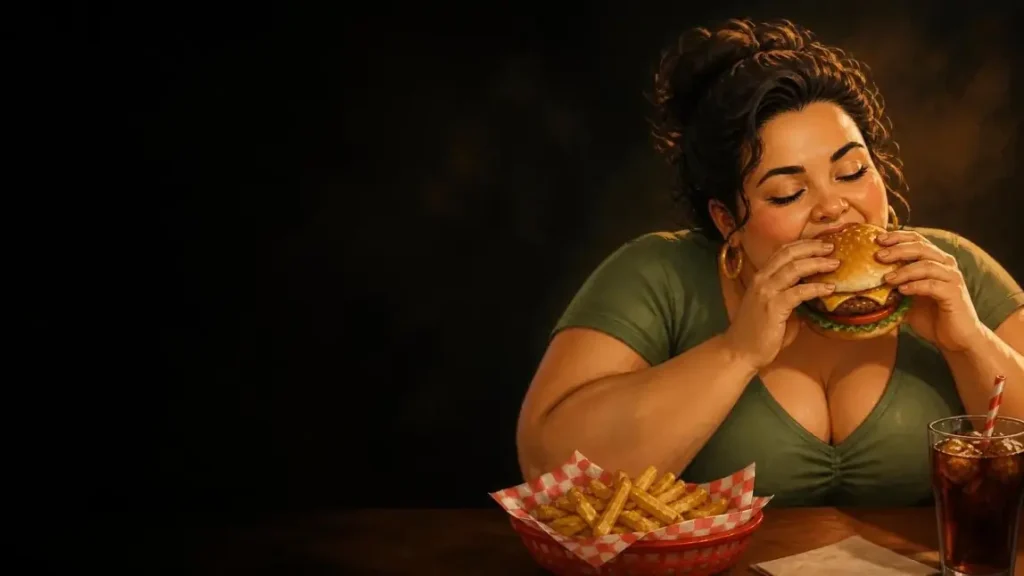 Woman eating a burger (feedee)